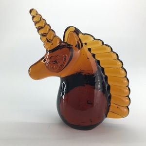 Glass Art Unicorn Head Paperweight Animal Figurine Amber Golden Brown